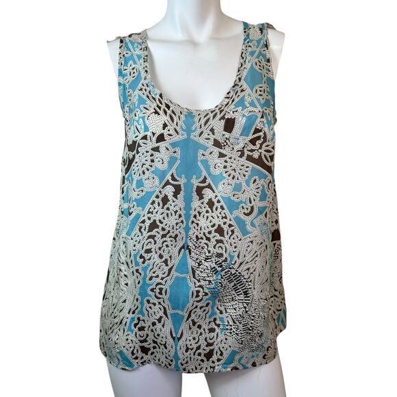 Johnny Was For Love & Liberty Blue & Cream Silk Tank Studded Details sz XS - Picture 3 of 10